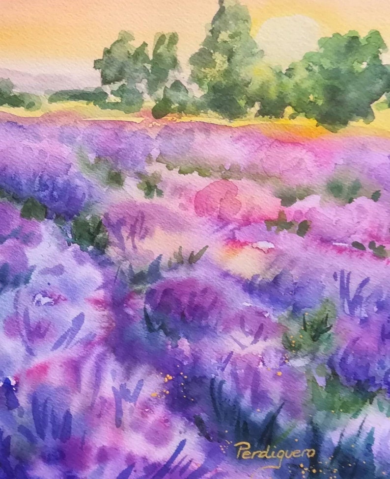 May include: Watercolor painting of a lavender field with a sunset in the background. The field is a vibrant purple with hints of pink and green. There are trees in the background and the artist's signature is in the bottom right corner.