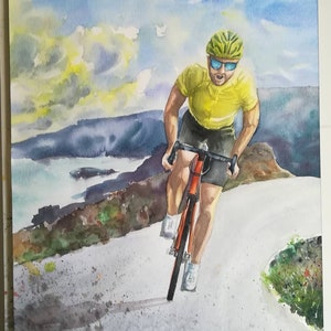 Dipinto originale ad acquerello. Ciclismo. Sport, paesaggio, natura. Tour de France. Giro de Italia. Vuelta a España