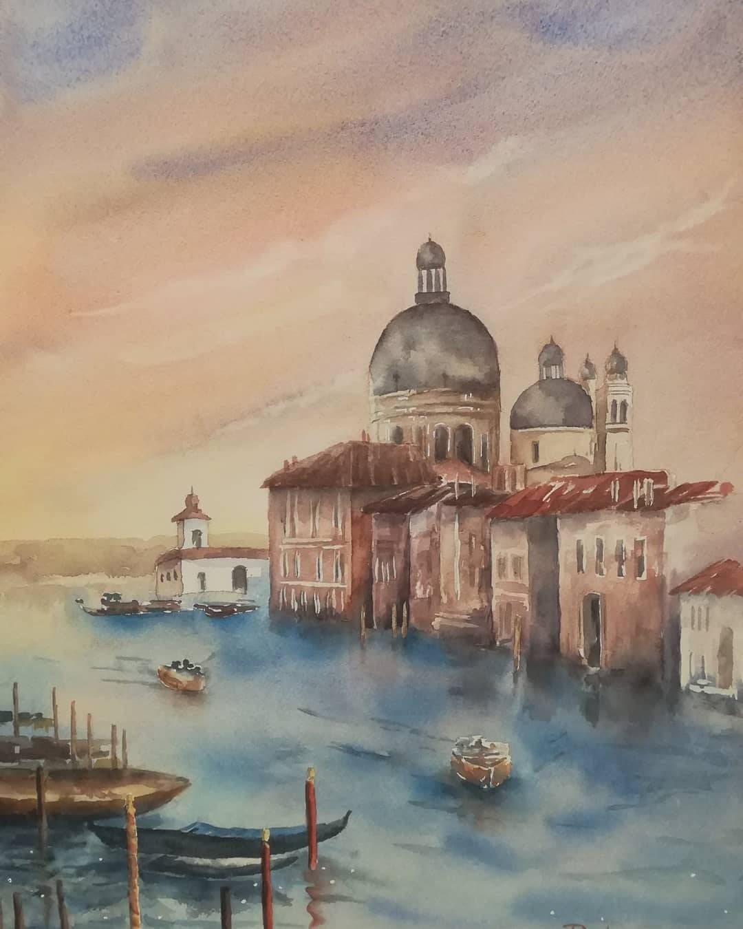 Exclusiva acuarela original. Paisaje, Venecia, Italia, salida del sol
