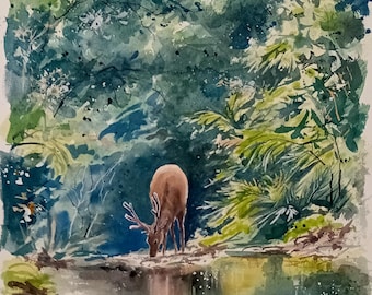 Original painting. Deer in a fairy tale forest . Exclusive watercolor