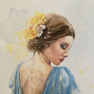 Exclusive original watercolor painting. Woman in blue, romantic portrait