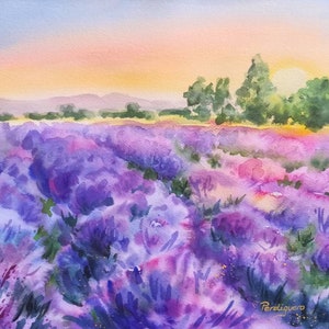 May include: Watercolor painting of a lavender field at sunset. The field is a vibrant purple with hints of pink and green. The sun is setting behind a line of trees in the distance. The painting is signed "Perdiguero" in the bottom right corner.