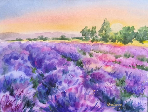 Pintura original. Campos de lavanda. Fauna silvestre. Naturaleza. España. Acuarela exclusiva.