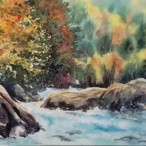 Original painting. Exclusive watercolor. Landscape, forest, mountain, autumn, river.