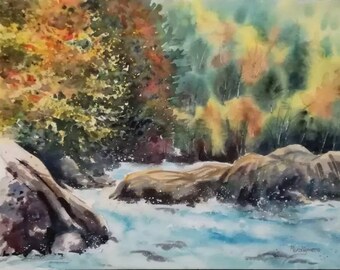 Original painting. Exclusive watercolor. Landscape, forest, mountain, autumn, river.