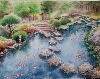 Original painting. Japanese garden. Landscape. Nature. Japón. Garden.  Exclusive watercolor.