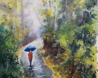 Original painting. Landscape, forest, rainy day. Exclusive watercolor