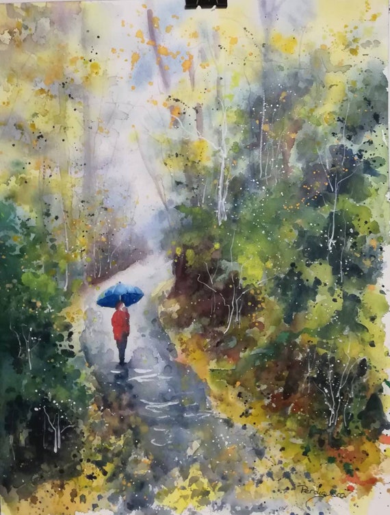 オリジナル絵画。風景、森、雨の日。限定水彩画 - Etsy 日本