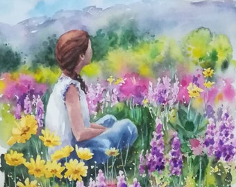 Original painting. Mountains. Flowers. Trekking. Landscape. Exclusive watercolor.
