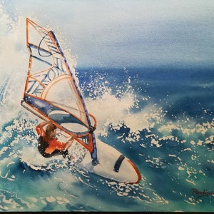 Original watercolor painting. Sports, seascape, nature, windsurf, windsurfing