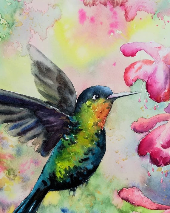 独占オリジナル水彩画。コリブリ、鳥、自然 - Etsy 日本