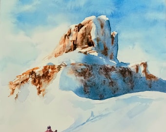 Original watercolor. Pyrenees. Aspes. Snow. Wildlife, Nature. Exclusive painting.