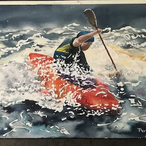 Original Aquarellmalerei. Sport, Kanu, Fluss, Landschaft, Natur