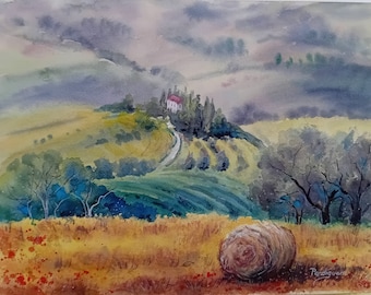 Exclusiva acuarela original. Paisaje, Toscana, Italia, salida del sol