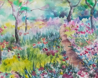 Exclusive original watercolor painting. Spring in the forest, wildlife, nature, Sorolla inspiration