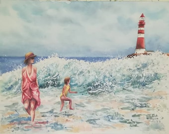 Exclusive original watercolor painting. sea, seascape, beach, lighthouse