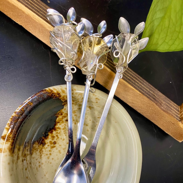 Crystal Espresso Spoon & Dinglehopper Tiny Fork Wire Wrapped Accessories