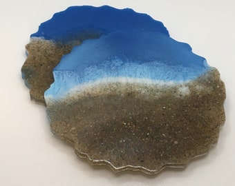 Set von zwei Resin Untersetzer, Epoxidharz Untersetzer, Geschenkideen für sie, Ozean Strand Untersetzer, Untersetzer für Tisch