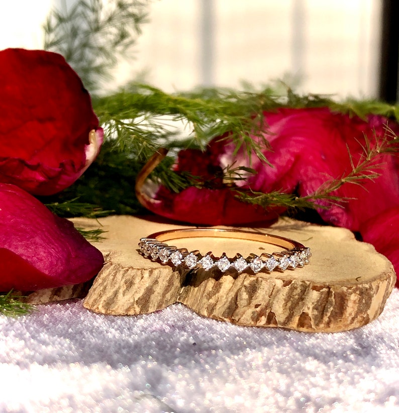 Rose Gold Half Eternity Colorless Moissanite Diamond Engagement BandWedding For HerAnniversary Gift for herWedding ring set 14k gold