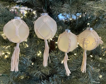 Macrame Small Christmas Ornaments Frosted Glass Set of 4