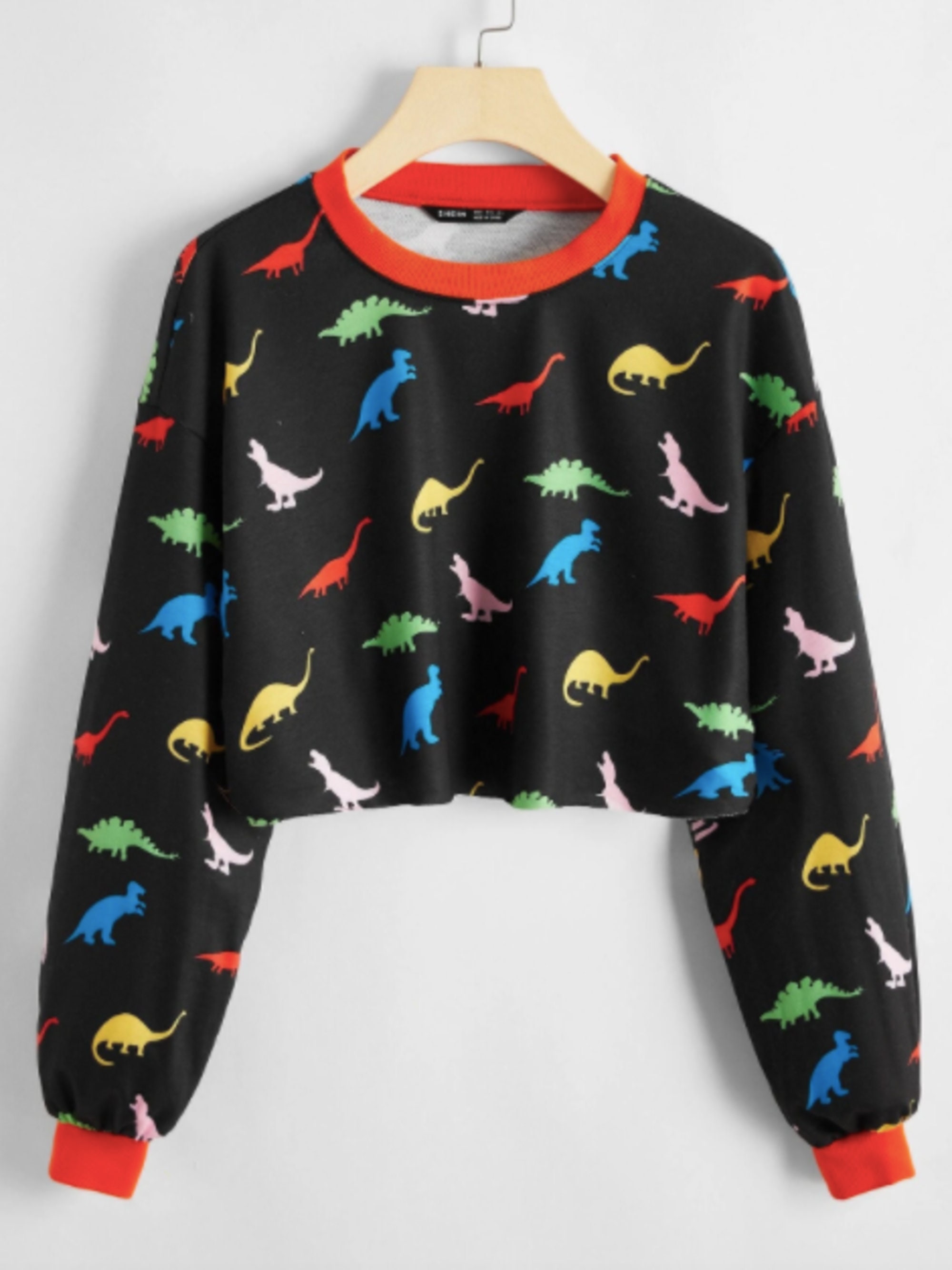Hurrybuy Womens Long Sleeve Casual Dinosaur Printed Sweatshirt Crop Top Hoodies