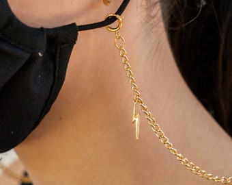 Face Mask Chain, Lightening Bolt Charm, Gold Mask Chain, Curb Chain, Curb Chain Necklace, Mask Chain Gold, Women's Mask Chain, Gold Charm