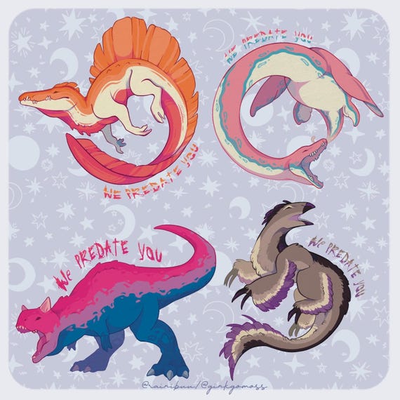 We Predate You Aggressive Dinosaur Stickers: Ace Therizino, Lesbian Spinosaurus, Bi Carno, Trans Plesiosaur, Non-binary Oviraptor, Pride