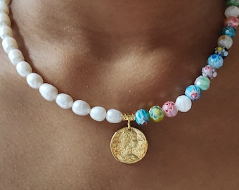 Freshwater Pearl Necklace with Multicolour Beads and Ancient Coin| 24k gold plated sterling silver| Trendy Pearl Necklace