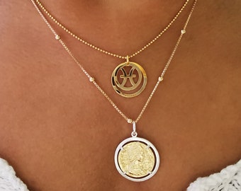 Gold Silver Large Ancient Coin Necklace| Veneziana ball chain|  925 sterling silver coated 24k gold | 45 cm Chain |
