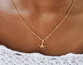 Colgante de estrella de mar en cadena de ancla/ Plata de ley chapada en oro de 24k/ Collar de estrella de mar/