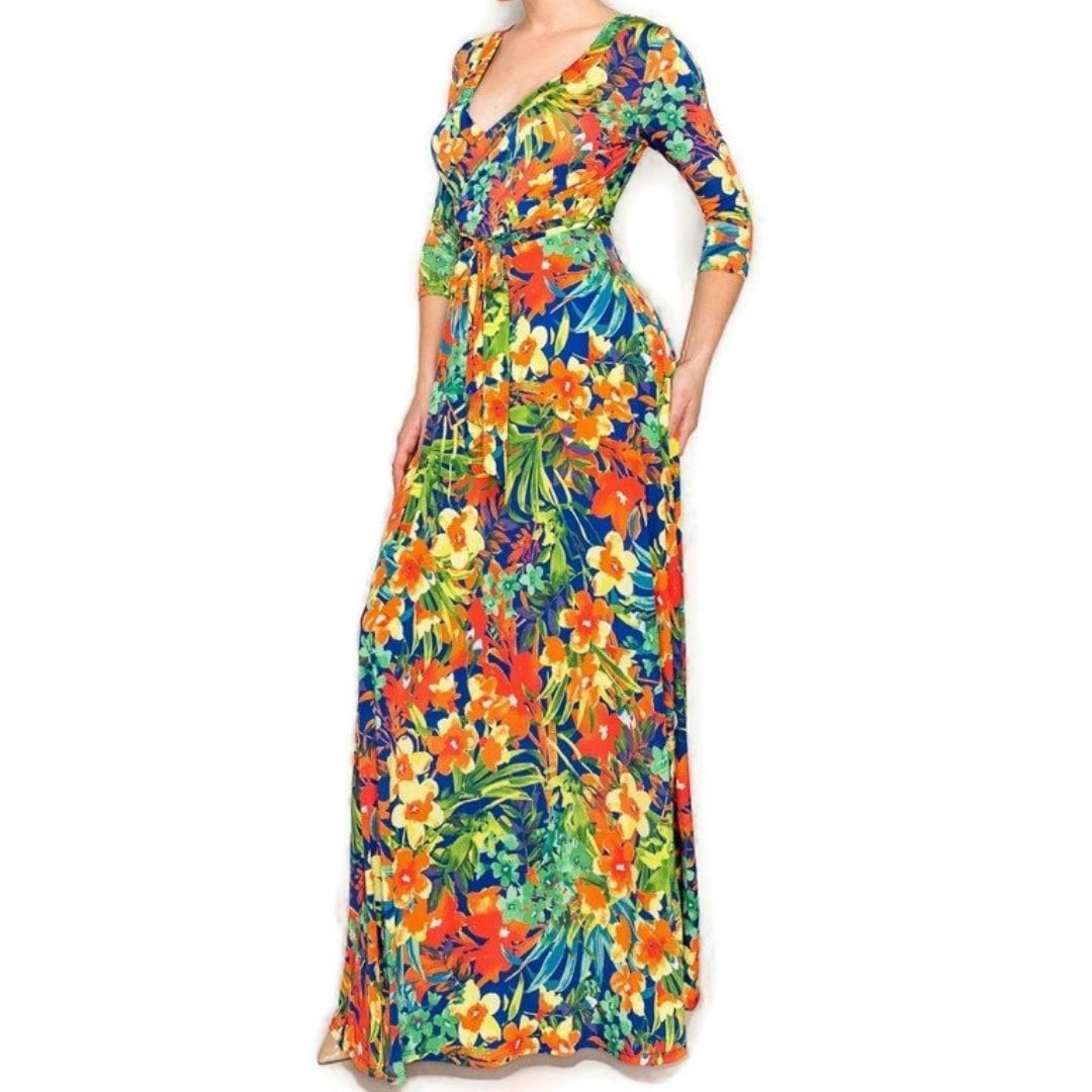 Aloha Hawaii Floral Faux Wrap 3/4 Sleeve Long Maxi Dress | Etsy