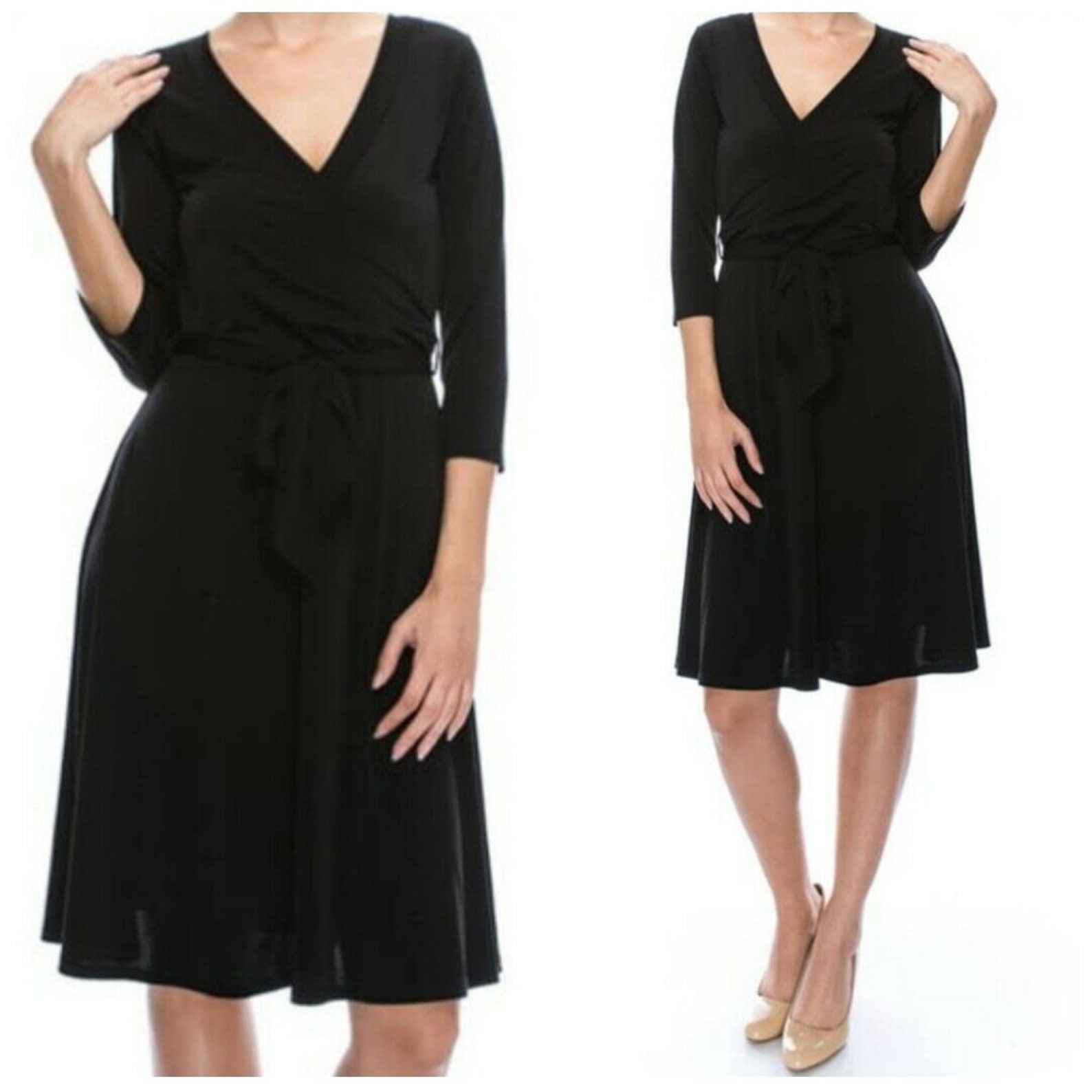 Black Solid Faux Wrap Knee Length Dress | Etsy