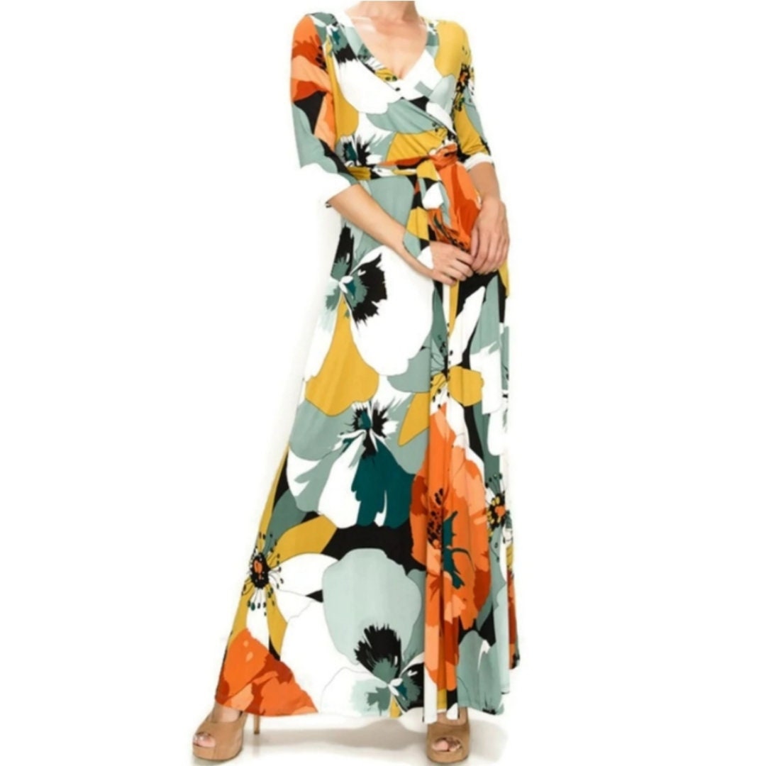 Sage Orange Florals Faux Wrap Maxi Dress - Etsy