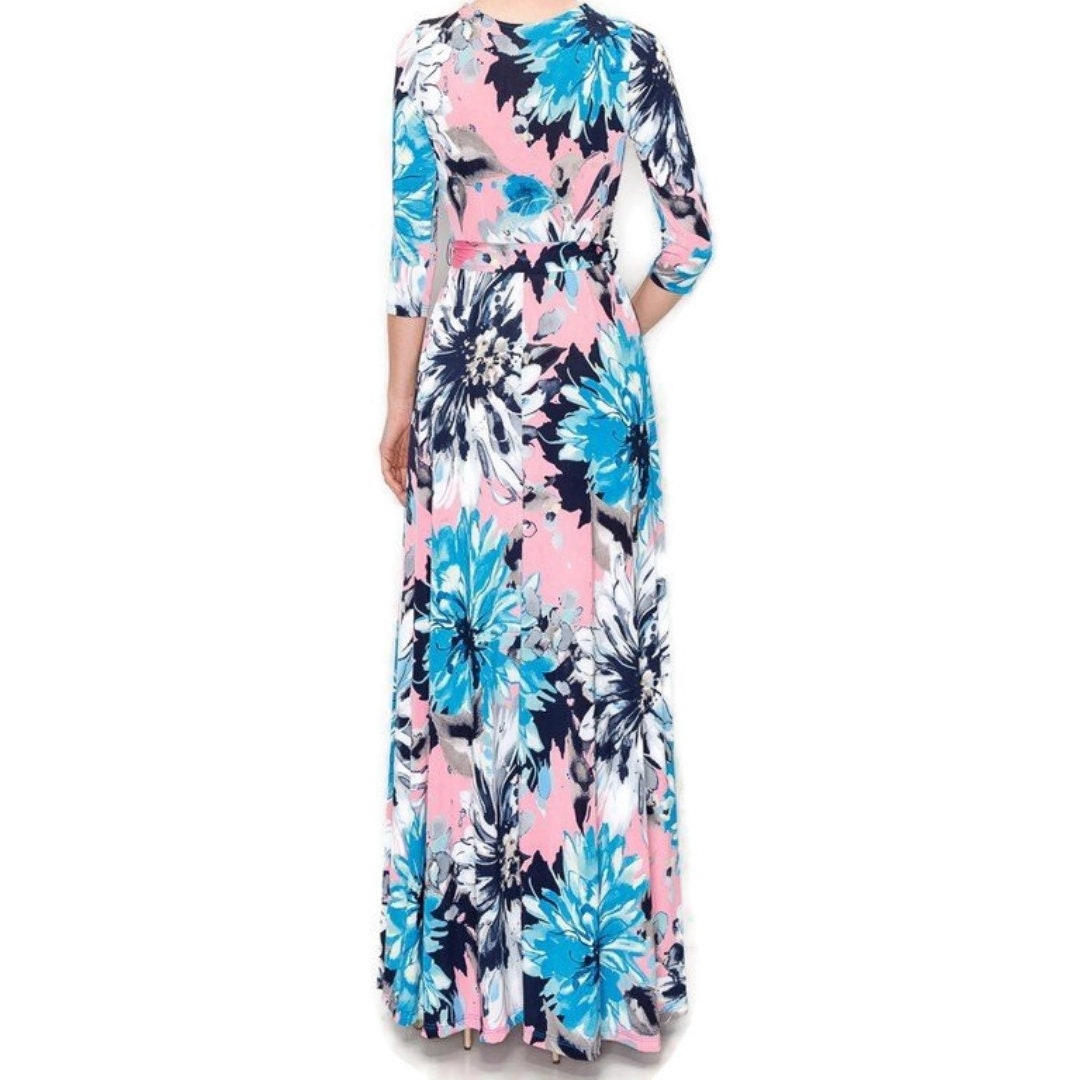 Pink and Blue Blossom Floral Faux Wrap 3/4 Sleeve Long Maxi Dress - Etsy