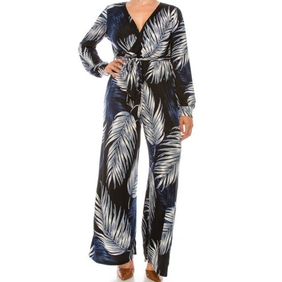 Navy White Palm Leaves Bell Long Sleeve Plussize Jumpsuit | Etsy