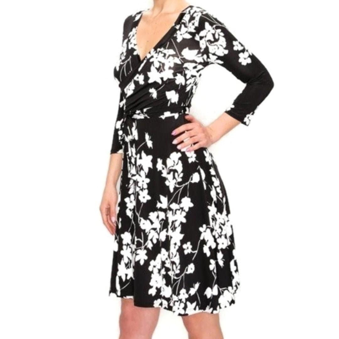 Black White Floral Faux Wrap Knee Length Dress Etsy