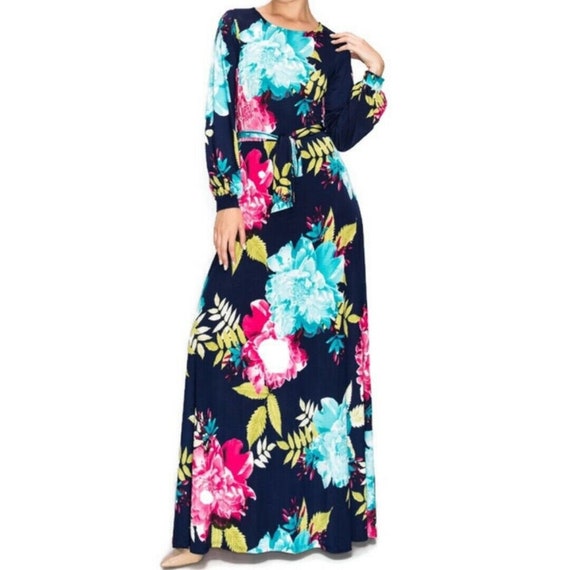 Blue Pink Flower Bomb Bell Long Sleeve Modest Maxi Dress - Etsy Ireland