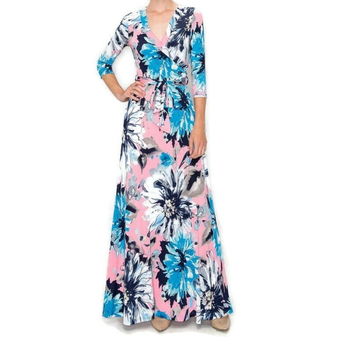 Pink and Blue Blossom Floral Faux Wrap 3/4 Sleeve Long Maxi Dress - Etsy
