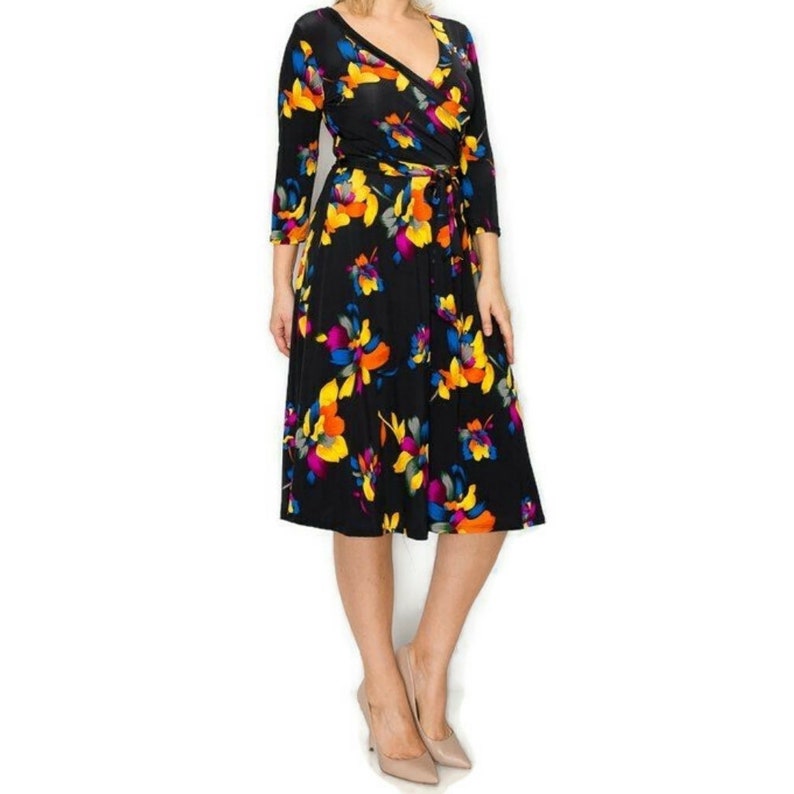 Abstract Bright Floral Faux Wrap Knee Length Plussize Dress Etsy