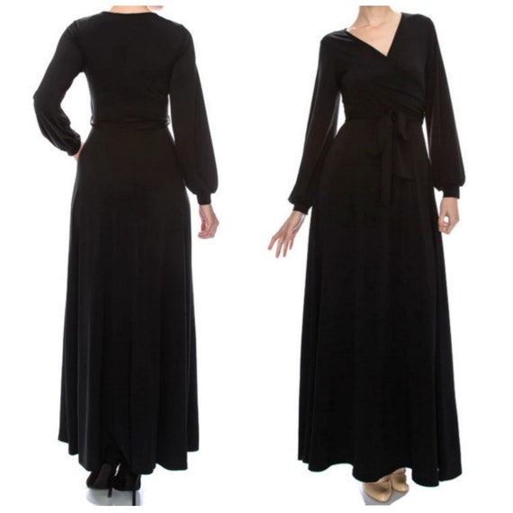 Printed Long Dress Bon Rosy Women's Faux Wrap Maxi Dress - 3/4 Sleeve  V-Neck Printed Dress, Black, Size Medium Faux Wrap Dress Macy's