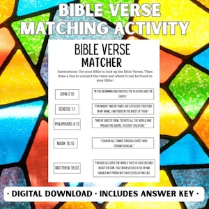 Bible Verse Matcher Worksheet - Digital Download - Printable - Church Worksheets for Children - Bible Lessons