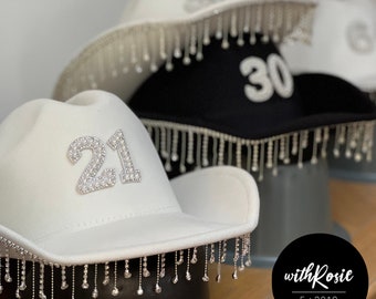 Personalised Cowboy Hat | Personalised Cowboy Hat with Rhinestone Tassel | Hen Party Cowboy Hats | Birthday Cowboy Hats | Bride Cowboy Hats