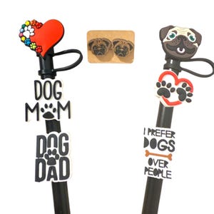 Pug Gift Set, Pug Lovers, Pug Gifts, Pug Earrings, Pug Straw Toppers, Pug Mom, Mother&#39;s Day Gift