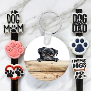 Black or Fawn Pug Gift Set, Pug Lovers, Pug Gifts, Pug Keychain, Pug Straw Toppers, Pug Mom, Mother&#39;s Day Gift, Pug Dad, Father&#39;s Day