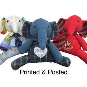 May include: Three handmade elephant plush toys in white, blue, and red. The white elephant has a rainbow design, the blue elephant has a plaid pattern, and the red elephant has a school crest. The text "Printed & Posted" is at the bottom.