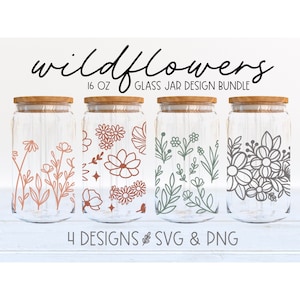 Lata de vidro de flores silvestres svg, lata de vidro svg, flor silvestre svg, libbey pode svg, vidro pode embrulhar svg, copo floral svg, flor svg, flores silvestres png