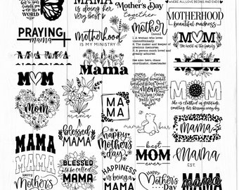 Può includere: Un pacchetto di design digitali in bianco e nero per progetti di artigianato. I design presentano varie frasi e illustrazioni legate alla maternità, come "Mama", "Maternità", "Praying Mama" e "Buon giorno della mamma".