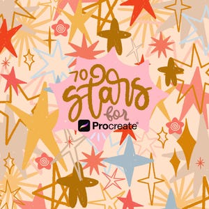 May include: A colourful digital artwork with a repeating star pattern in shades of gold, red, and blue. The image includes the text "70 Stars for Procreate" in a pink bubble, set against a peach-toned background.