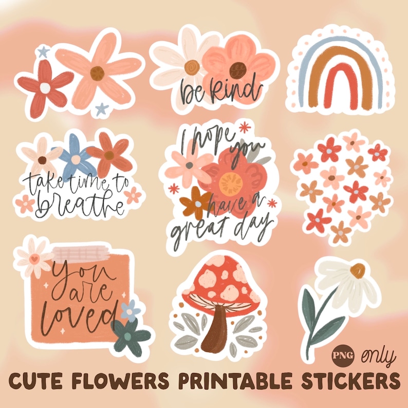 Söta blommiga utskrivbara klistermärken png, inspirerande klistermärke png, skriv ut och klipp ut klistermärke, Cricut-klistermärken, förpackningsklistermärke png, klistermärkesdesign bild 1