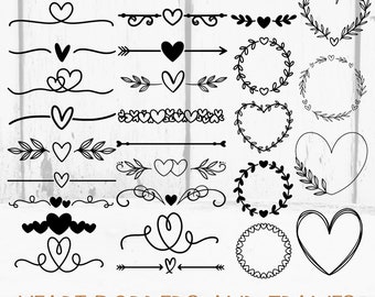 Heart border svg bundle, heart text divider svg, heart svg, heart wreath svg, wedding dividers svg, valentine's day svg, doodle divider svg